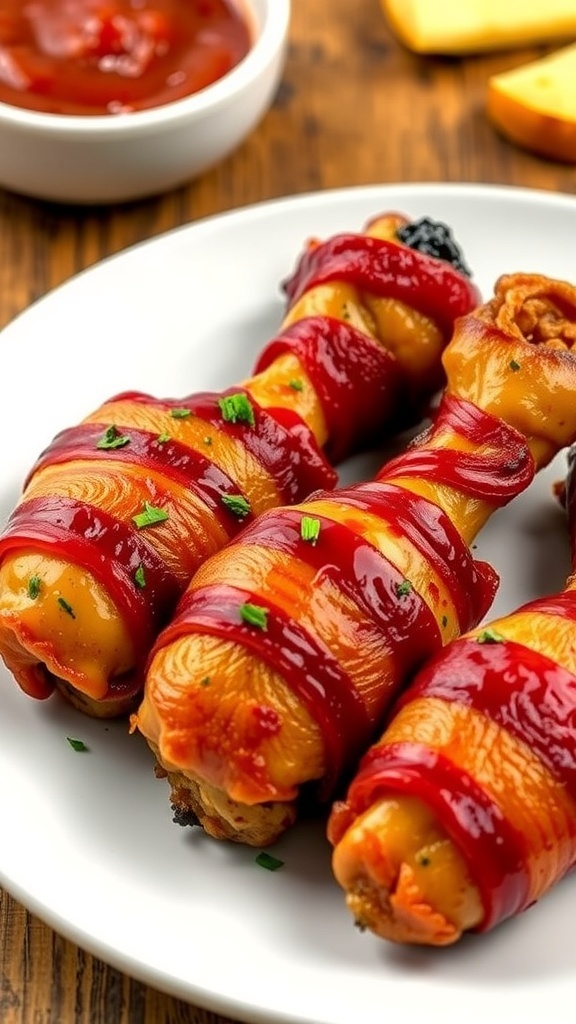 Crispy bacon-wrapped chicken drumsticks served on a plate with fresh herbs and dipping sauce.